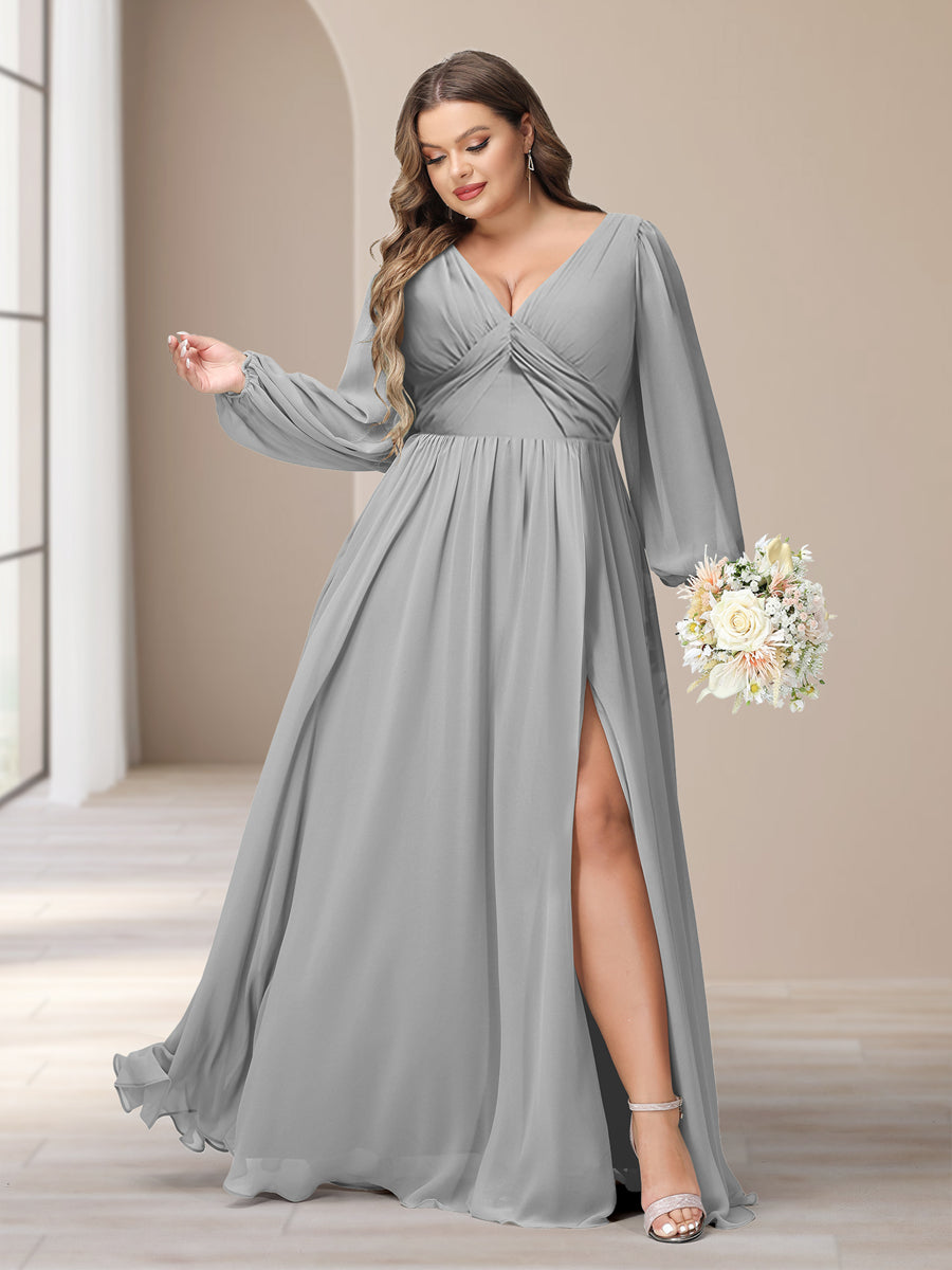 A-Linie/Princess-Linie V-Ausschnitt Lange Ärmel Chiffon Lange Große Größen Brautjungfernkleider Mit Schlitz Seitlich