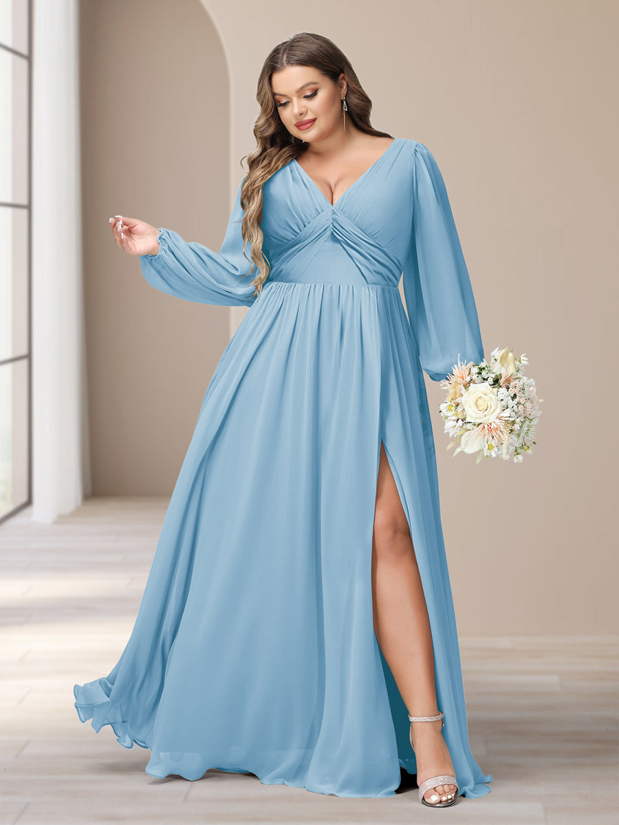 A-Linie/Princess-Linie V-Ausschnitt Lange Ärmel Chiffon Lange Große Größen Brautjungfernkleider Mit Schlitz Seitlich