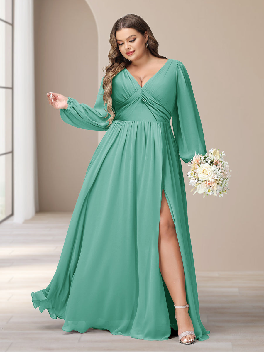 A-Linie/Princess-Linie V-Ausschnitt Lange Ärmel Chiffon Lange Große Größen Brautjungfernkleider Mit Schlitz Seitlich