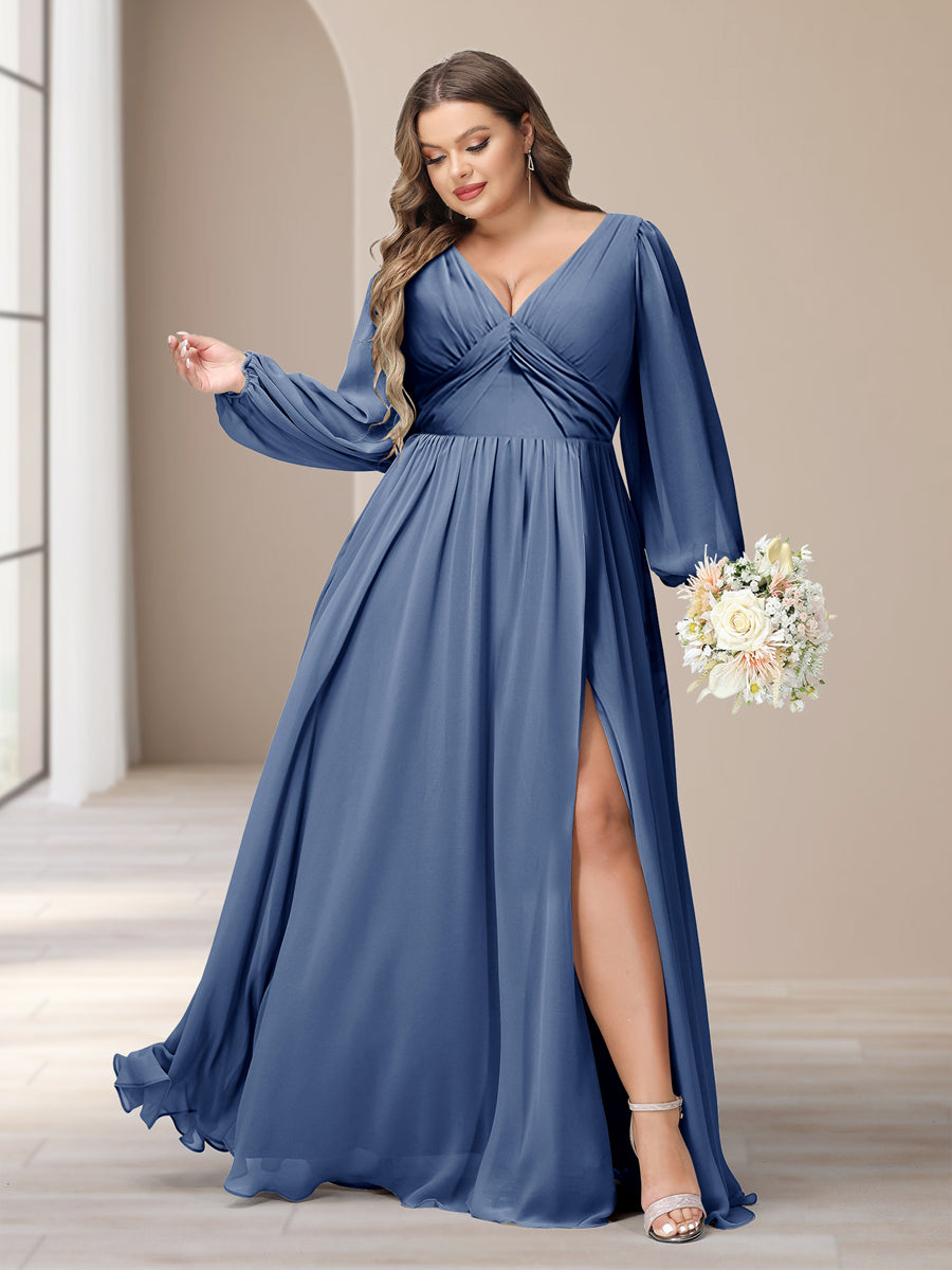 A-Linie/Princess-Linie V-Ausschnitt Lange Ärmel Chiffon Lange Große Größen Brautjungfernkleider Mit Schlitz Seitlich