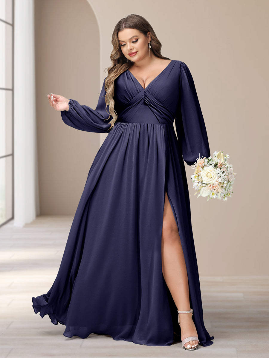 A-Linie/Princess-Linie V-Ausschnitt Lange Ärmel Chiffon Lange Große Größen Brautjungfernkleider Mit Schlitz Seitlich