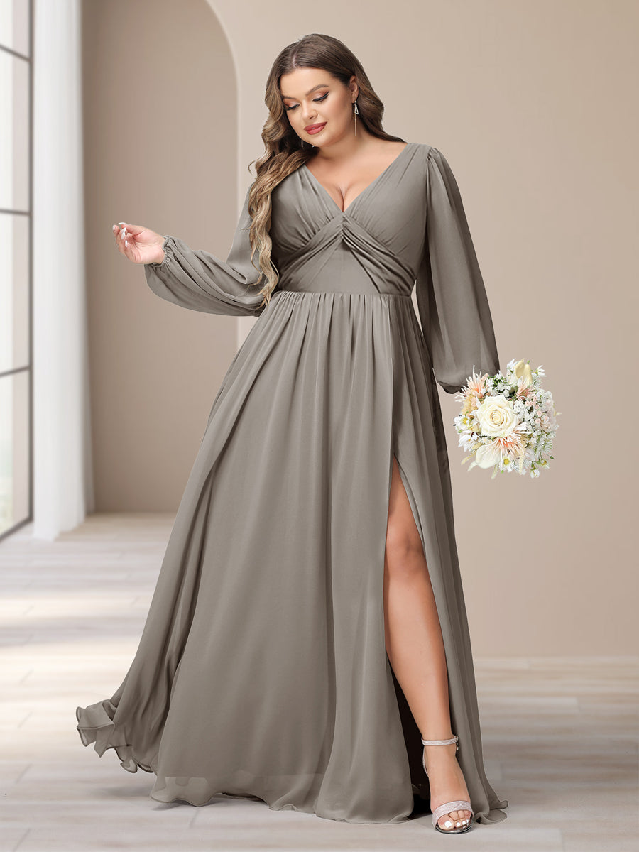 A-Linie/Princess-Linie V-Ausschnitt Lange Ärmel Chiffon Lange Große Größen Brautjungfernkleider Mit Schlitz Seitlich