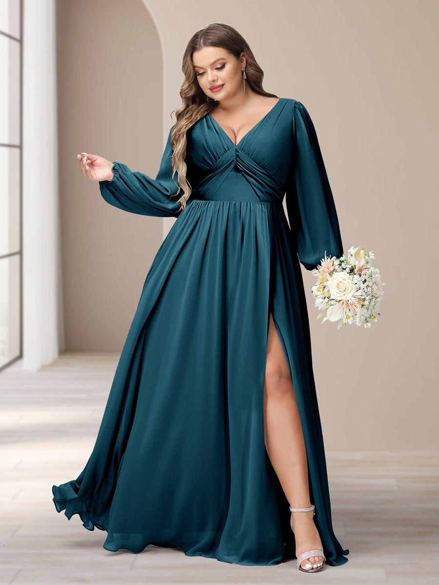 A-Linie/Princess-Linie V-Ausschnitt Lange Ärmel Chiffon Lange Große Größen Brautjungfernkleider Mit Schlitz Seitlich