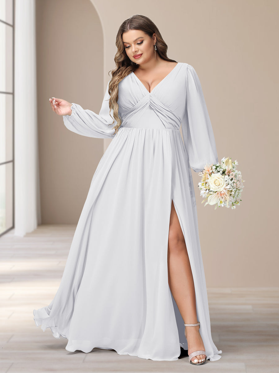 A-Linie/Princess-Linie V-Ausschnitt Lange Ärmel Chiffon Lange Große Größen Brautjungfernkleider Mit Schlitz Seitlich