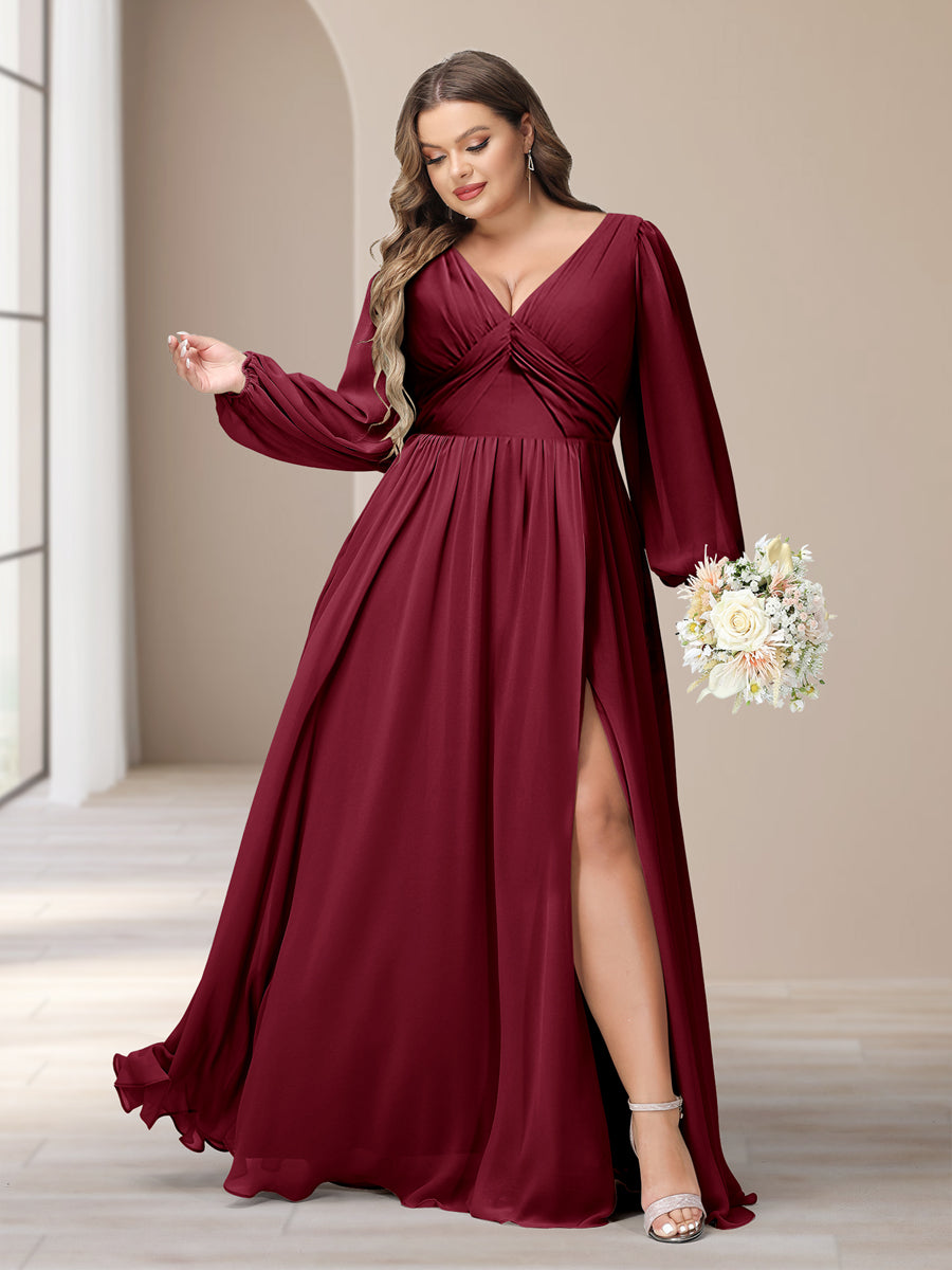 A-Linie/Princess-Linie V-Ausschnitt Lange Ärmel Chiffon Lange Große Größen Brautjungfernkleider Mit Schlitz Seitlich