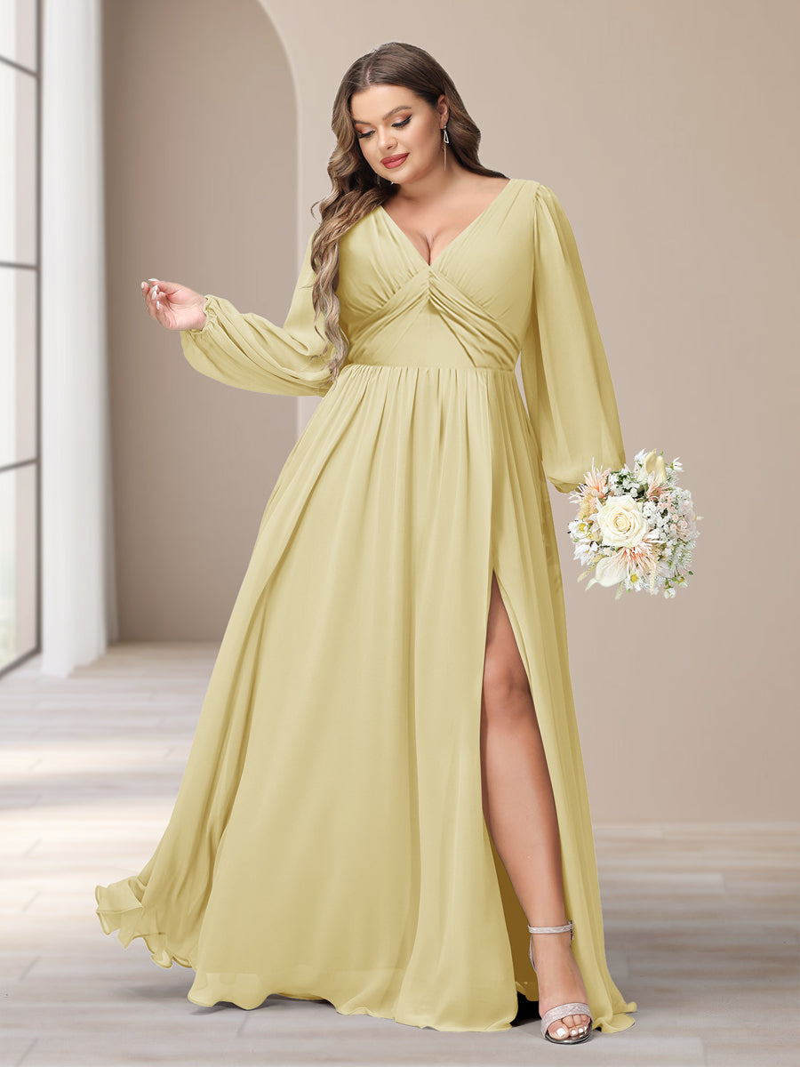 A-Linie/Princess-Linie V-Ausschnitt Lange Ärmel Chiffon Lange Große Größen Brautjungfernkleider Mit Schlitz Seitlich