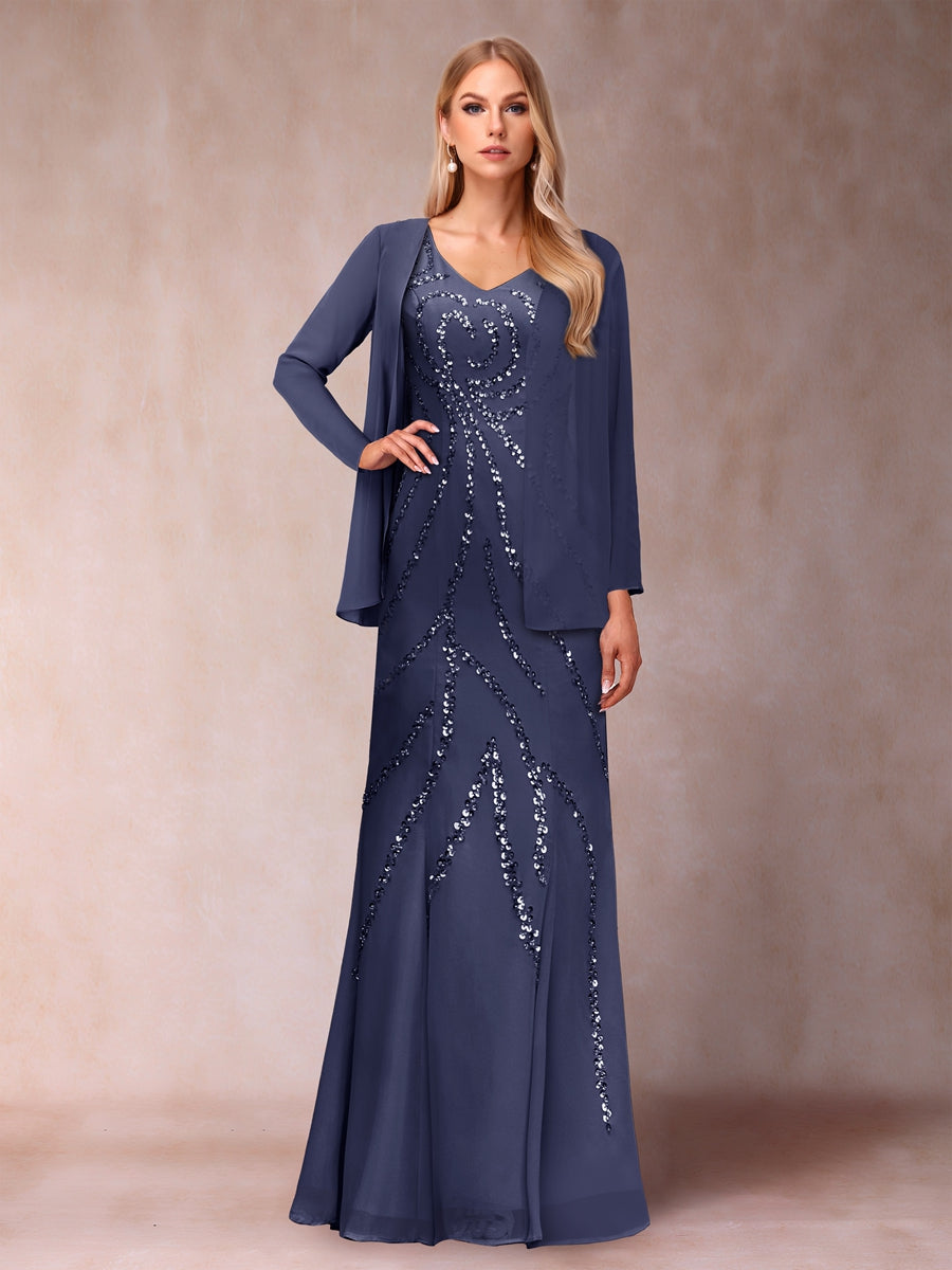 Etui-/Säulen-Kleid mit V-Ausschnitt und bodenlangem Brautmutterkleid mit Jacke und Pailletten