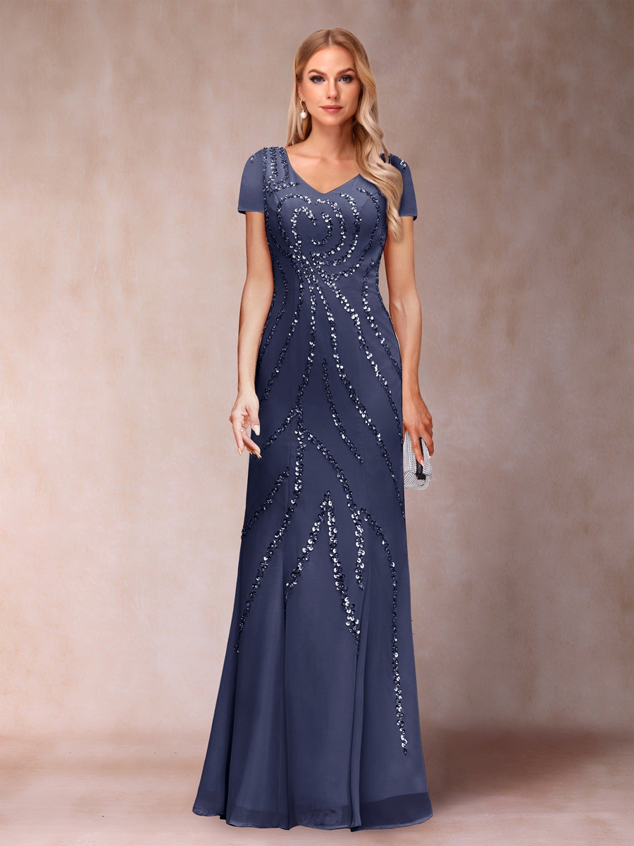 Etui-/Säulen-Kleid mit V-Ausschnitt und bodenlangem Brautmutterkleid mit Jacke und Pailletten