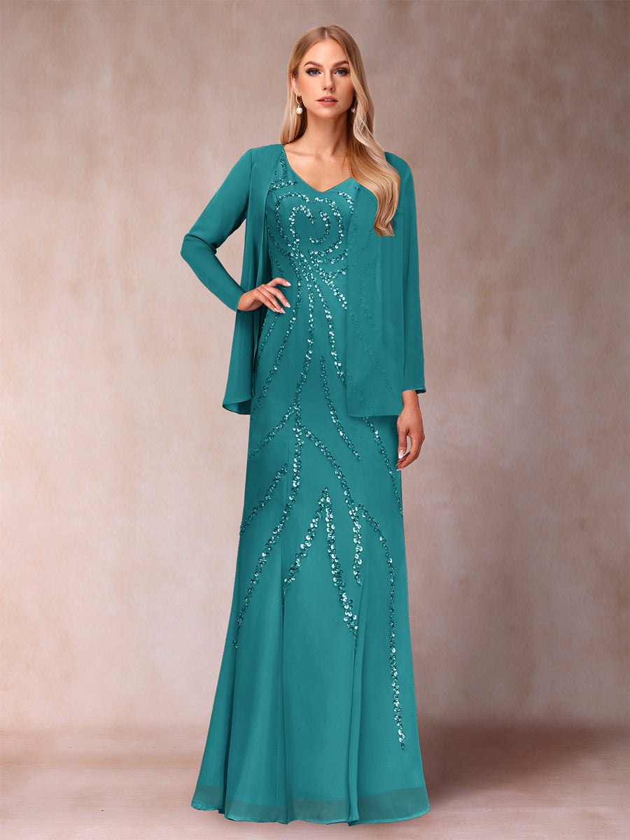 Etui-/Säulen-Kleid mit V-Ausschnitt und bodenlangem Brautmutterkleid mit Jacke und Pailletten