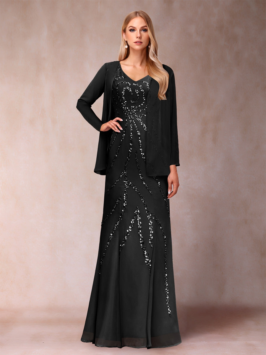 Etui-/Säulen-Kleid mit V-Ausschnitt und bodenlangem Brautmutterkleid mit Jacke und Pailletten