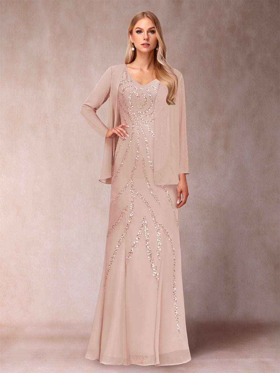 Etui-/Säulen-Kleid mit V-Ausschnitt und bodenlangem Brautmutterkleid mit Jacke und Pailletten