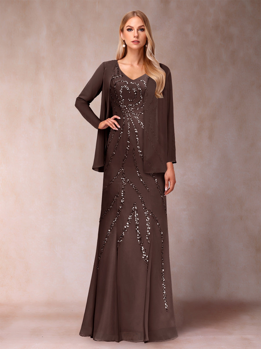 Etui-/Säulen-Kleid mit V-Ausschnitt und bodenlangem Brautmutterkleid mit Jacke und Pailletten