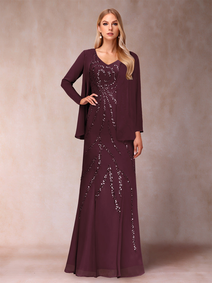 Etui-/Säulen-Kleid mit V-Ausschnitt und bodenlangem Brautmutterkleid mit Jacke und Pailletten