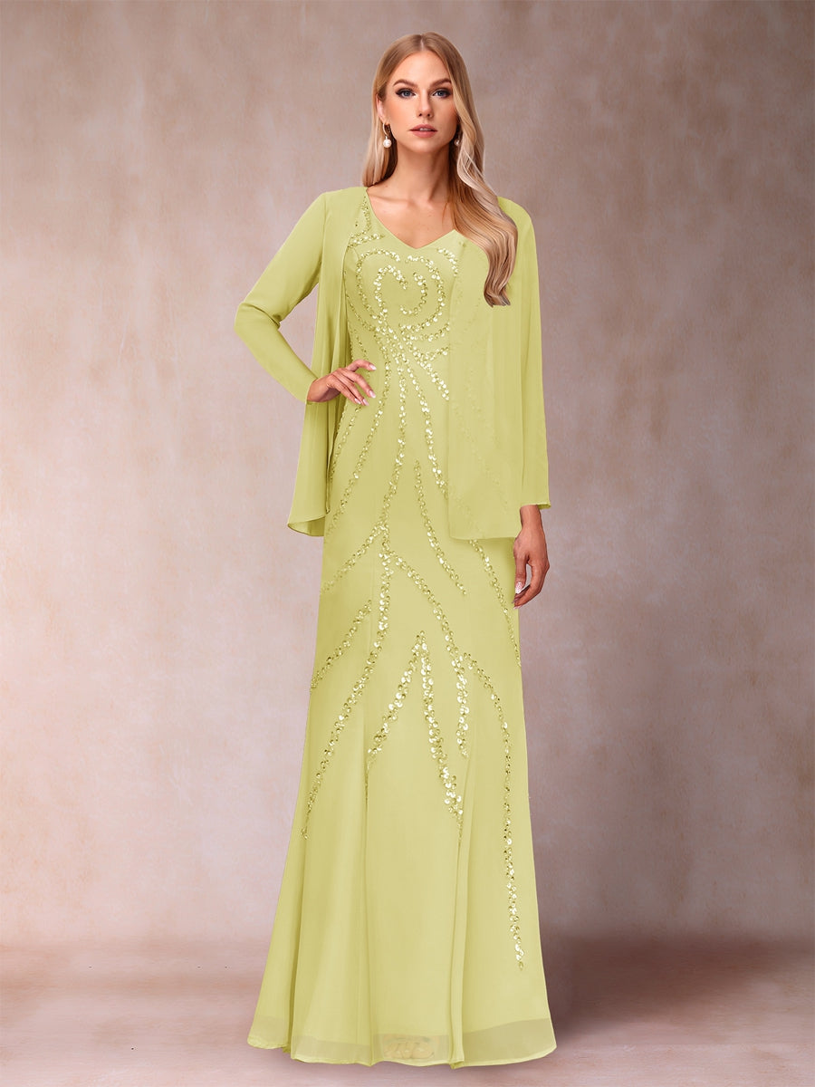 Etui-/Säulen-Kleid mit V-Ausschnitt und bodenlangem Brautmutterkleid mit Jacke und Pailletten