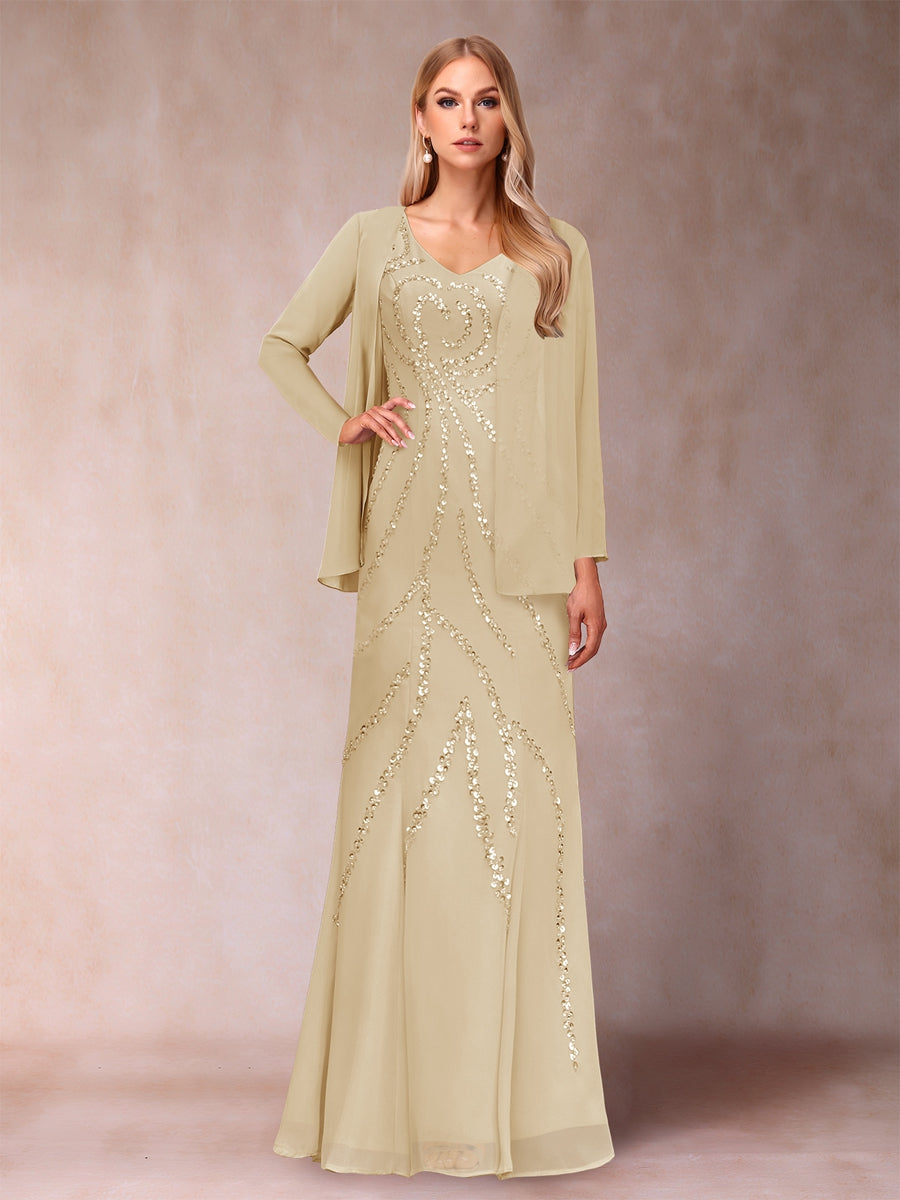 Etui-/Säulen-Kleid mit V-Ausschnitt und bodenlangem Brautmutterkleid mit Jacke und Pailletten