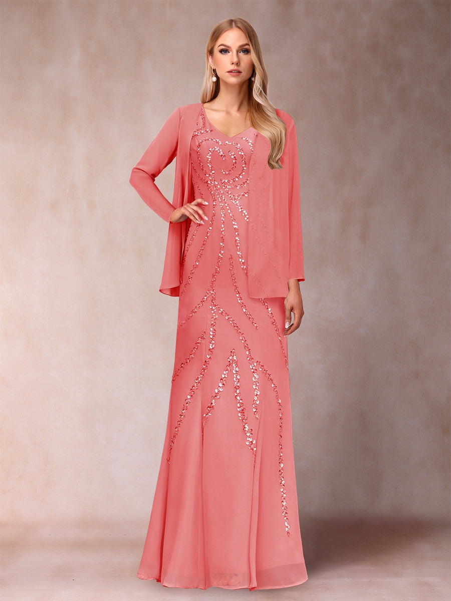 Etui-/Säulen-Kleid mit V-Ausschnitt und bodenlangem Brautmutterkleid mit Jacke und Pailletten