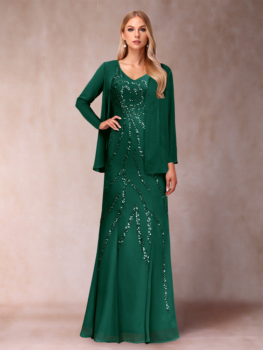 Etui-/Säulen-Kleid mit V-Ausschnitt und bodenlangem Brautmutterkleid mit Jacke und Pailletten
