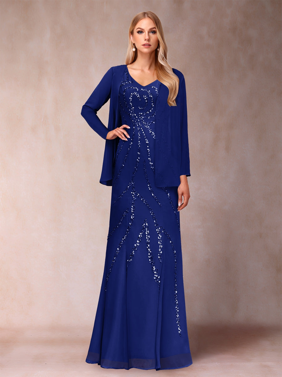 Etui-/Säulen-Kleid mit V-Ausschnitt und bodenlangem Brautmutterkleid mit Jacke und Pailletten