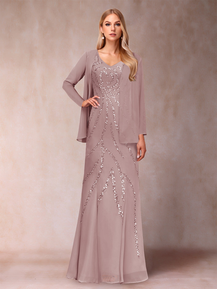 Etui-/Säulen-Kleid mit V-Ausschnitt und bodenlangem Brautmutterkleid mit Jacke und Pailletten