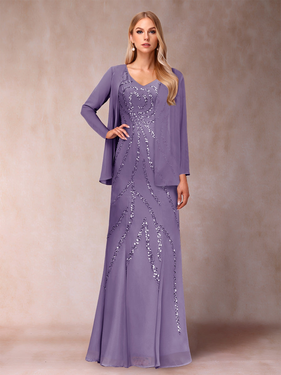 Etui-/Säulen-Kleid mit V-Ausschnitt und bodenlangem Brautmutterkleid mit Jacke und Pailletten