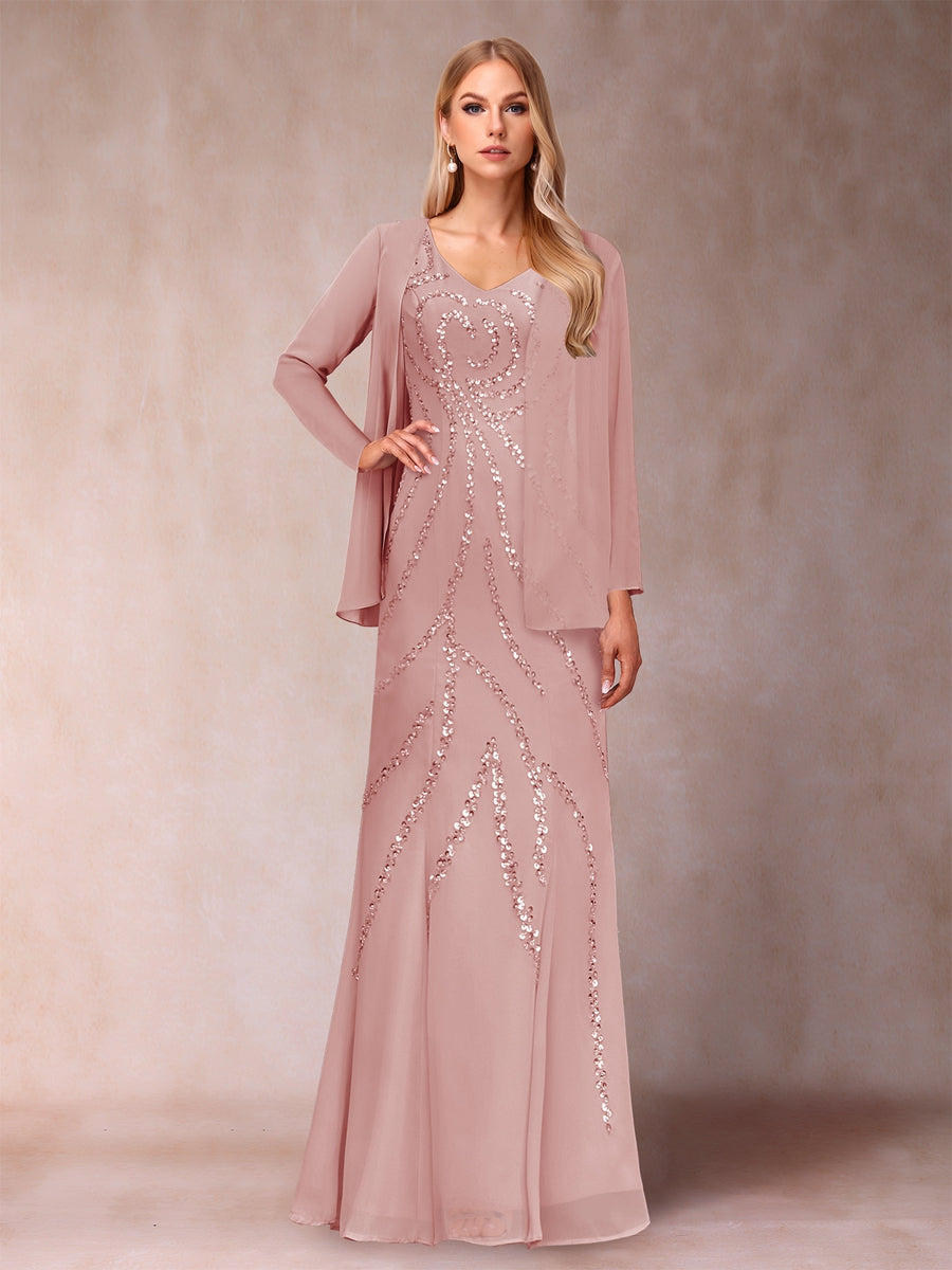 Etui-/Säulen-Kleid mit V-Ausschnitt und bodenlangem Brautmutterkleid mit Jacke und Pailletten