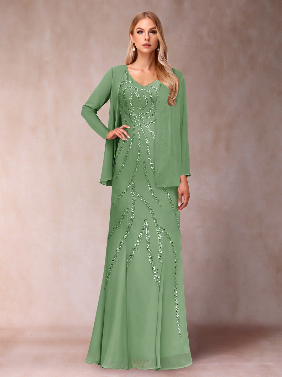 Etui-/Säulen-Kleid mit V-Ausschnitt und bodenlangem Brautmutterkleid mit Jacke und Pailletten