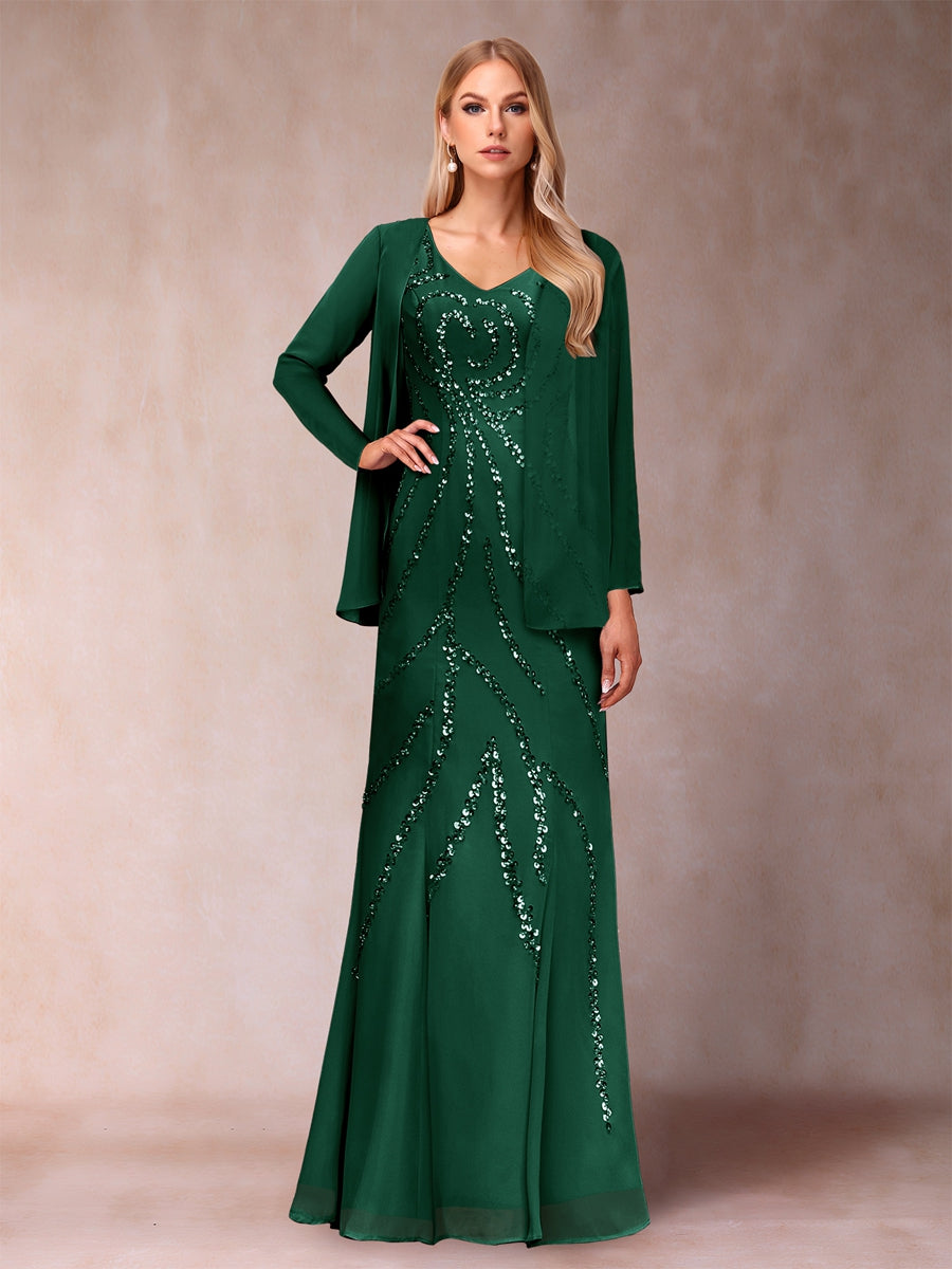 Etui-/Säulen-Kleid mit V-Ausschnitt und bodenlangem Brautmutterkleid mit Jacke und Pailletten