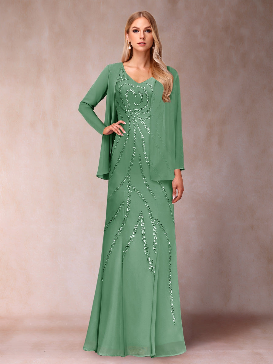 Etui-/Säulen-Kleid mit V-Ausschnitt und bodenlangem Brautmutterkleid mit Jacke und Pailletten