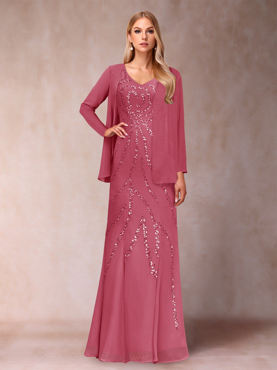 Etui-/Säulen-Kleid mit V-Ausschnitt und bodenlangem Brautmutterkleid mit Jacke und Pailletten
