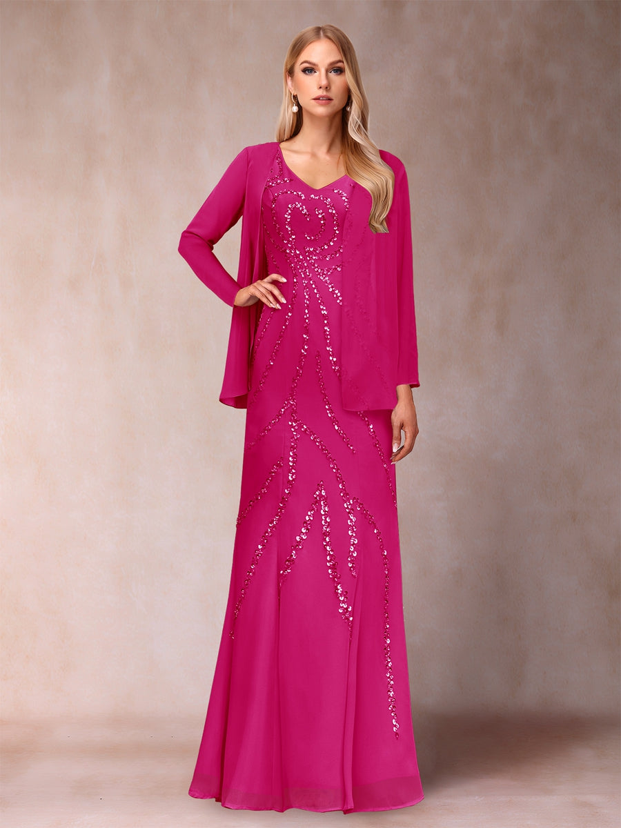 Etui-/Säulen-Kleid mit V-Ausschnitt und bodenlangem Brautmutterkleid mit Jacke und Pailletten