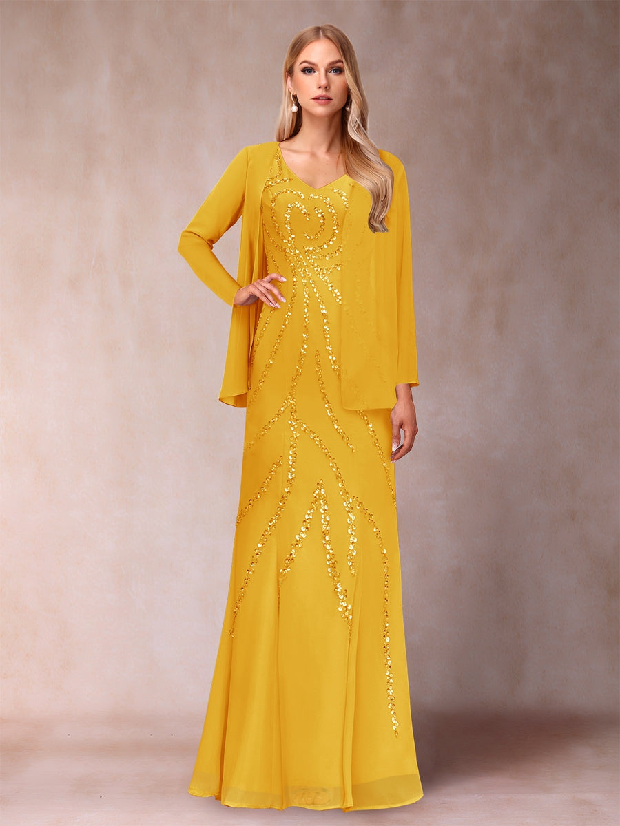 Etui-/Säulen-Kleid mit V-Ausschnitt und bodenlangem Brautmutterkleid mit Jacke und Pailletten