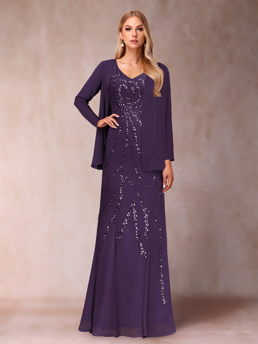 Etui-/Säulen-Kleid mit V-Ausschnitt und bodenlangem Brautmutterkleid mit Jacke und Pailletten