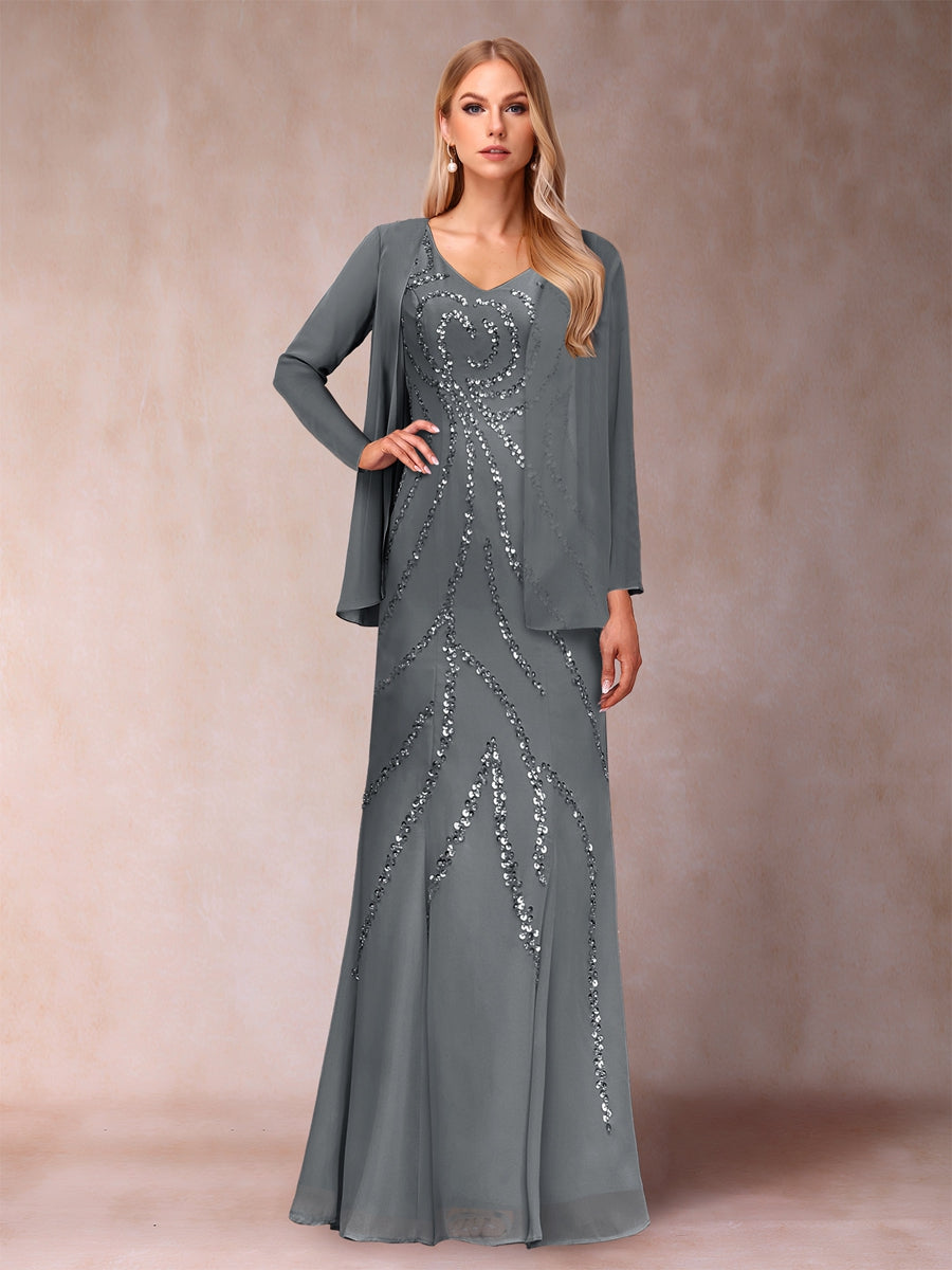 Etui-/Säulen-Kleid mit V-Ausschnitt und bodenlangem Brautmutterkleid mit Jacke und Pailletten