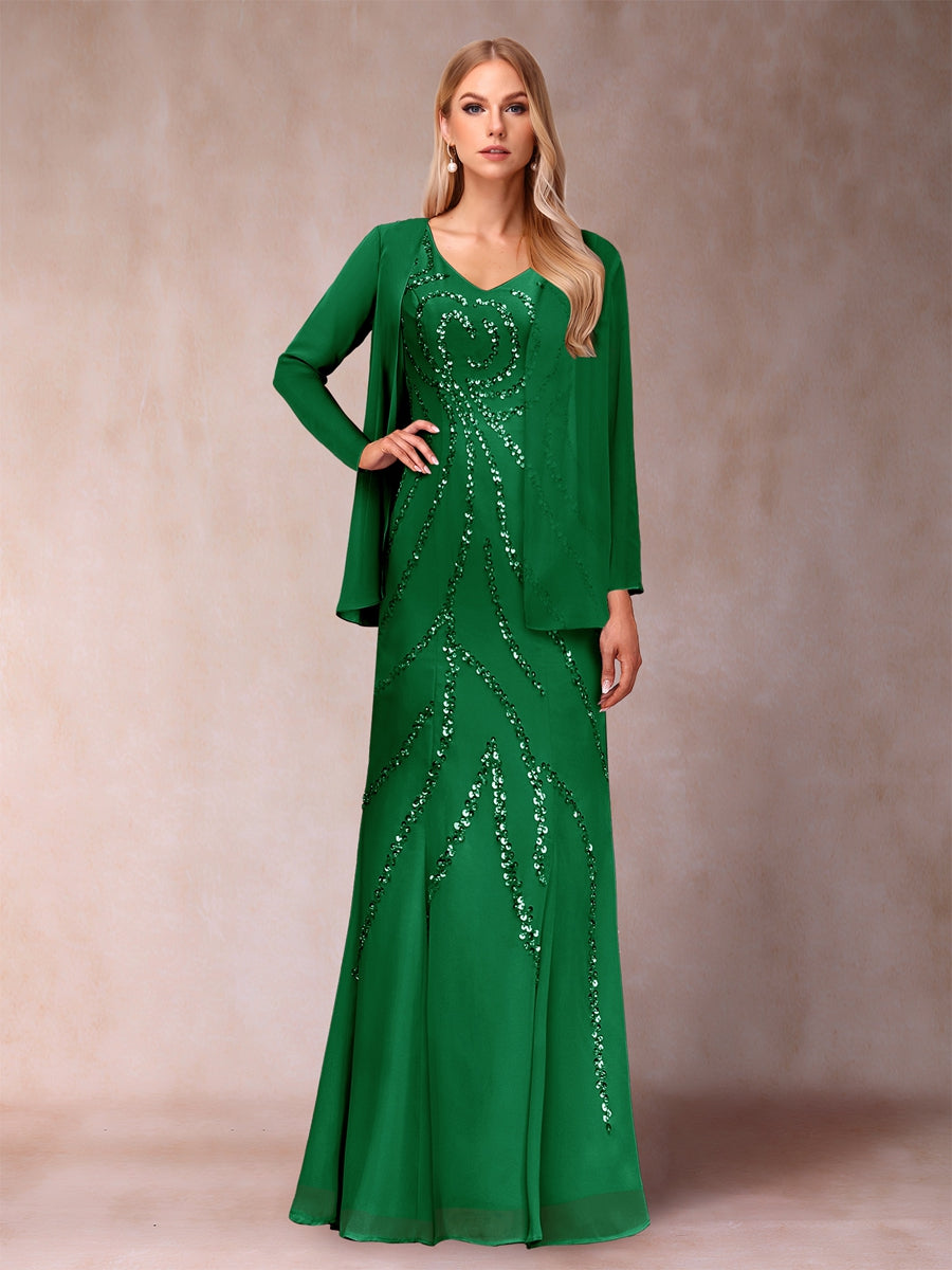 Etui-/Säulen-Kleid mit V-Ausschnitt und bodenlangem Brautmutterkleid mit Jacke und Pailletten