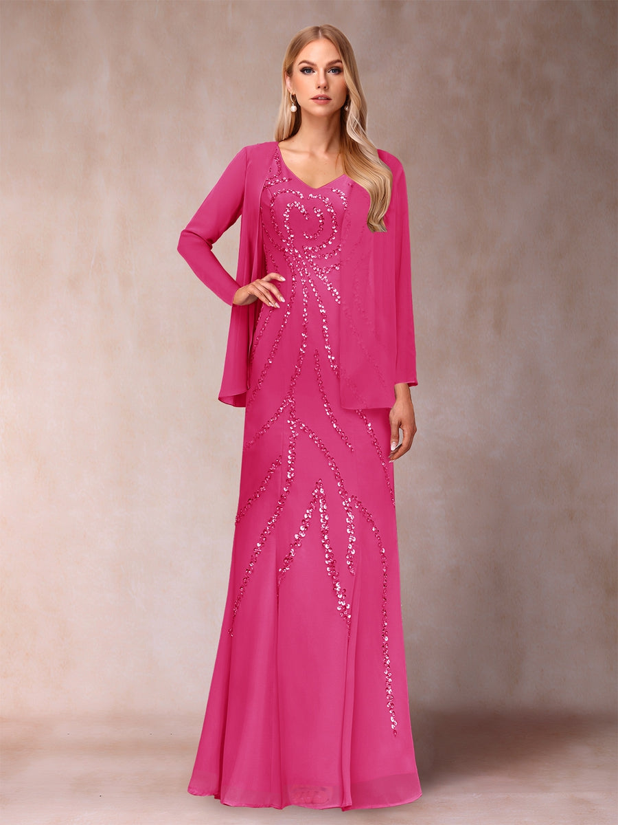 Etui-/Säulen-Kleid mit V-Ausschnitt und bodenlangem Brautmutterkleid mit Jacke und Pailletten