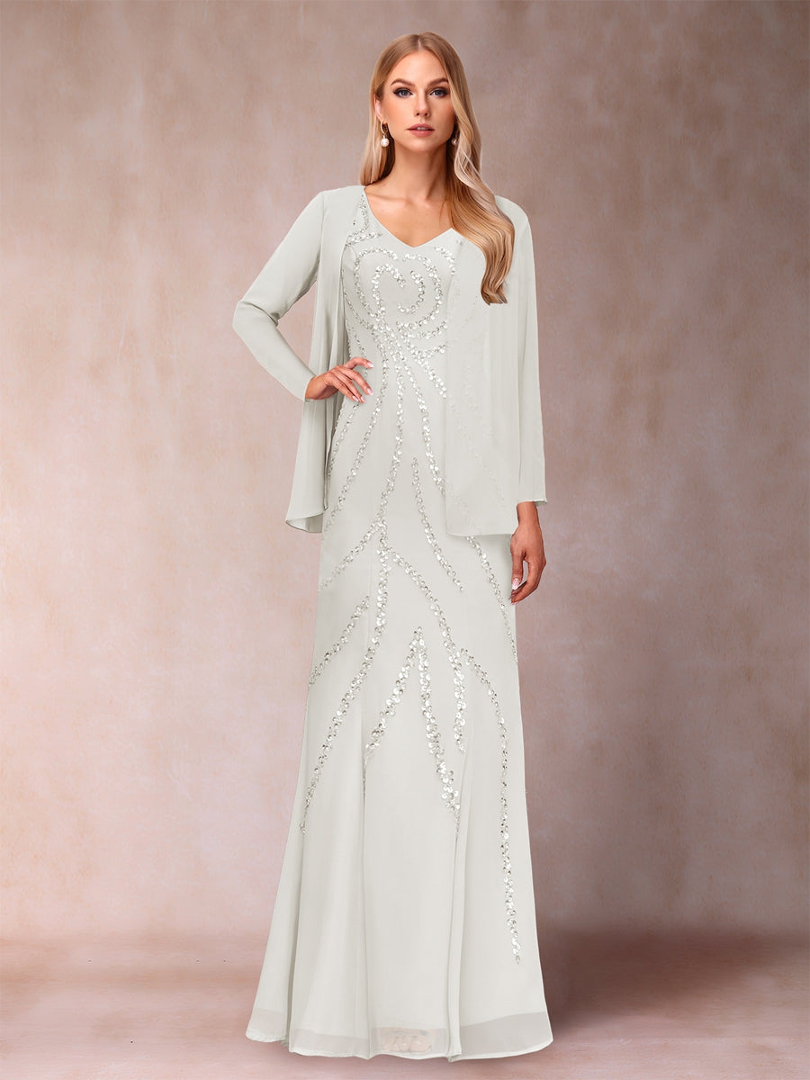 Etui-/Säulen-Kleid mit V-Ausschnitt und bodenlangem Brautmutterkleid mit Jacke und Pailletten