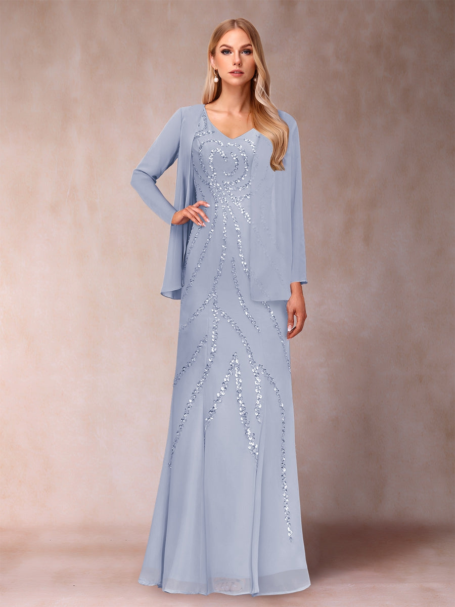 Etui-/Säulen-Kleid mit V-Ausschnitt und bodenlangem Brautmutterkleid mit Jacke und Pailletten