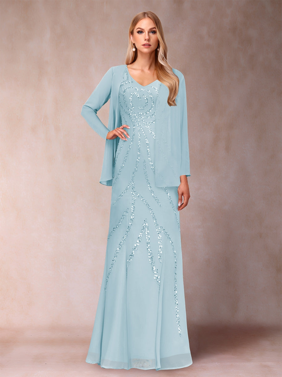 Etui-/Säulen-Kleid mit V-Ausschnitt und bodenlangem Brautmutterkleid mit Jacke und Pailletten