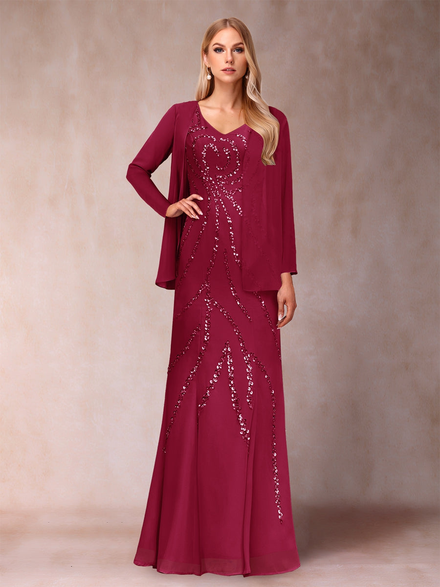 Etui-/Säulen-Kleid mit V-Ausschnitt und bodenlangem Brautmutterkleid mit Jacke und Pailletten