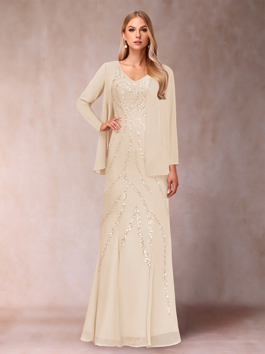 Etui-/Säulen-Kleid mit V-Ausschnitt und bodenlangem Brautmutterkleid mit Jacke und Pailletten