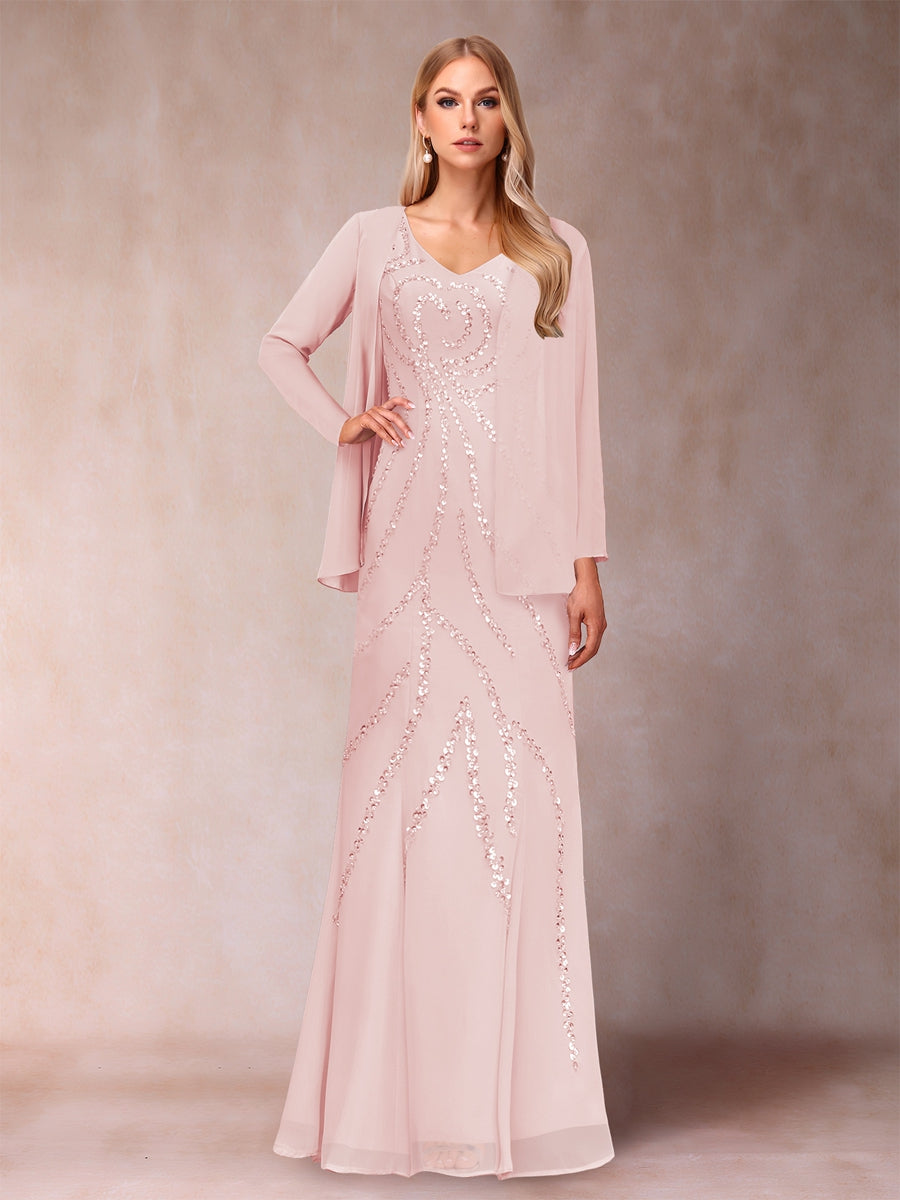Etui-/Säulen-Kleid mit V-Ausschnitt und bodenlangem Brautmutterkleid mit Jacke und Pailletten