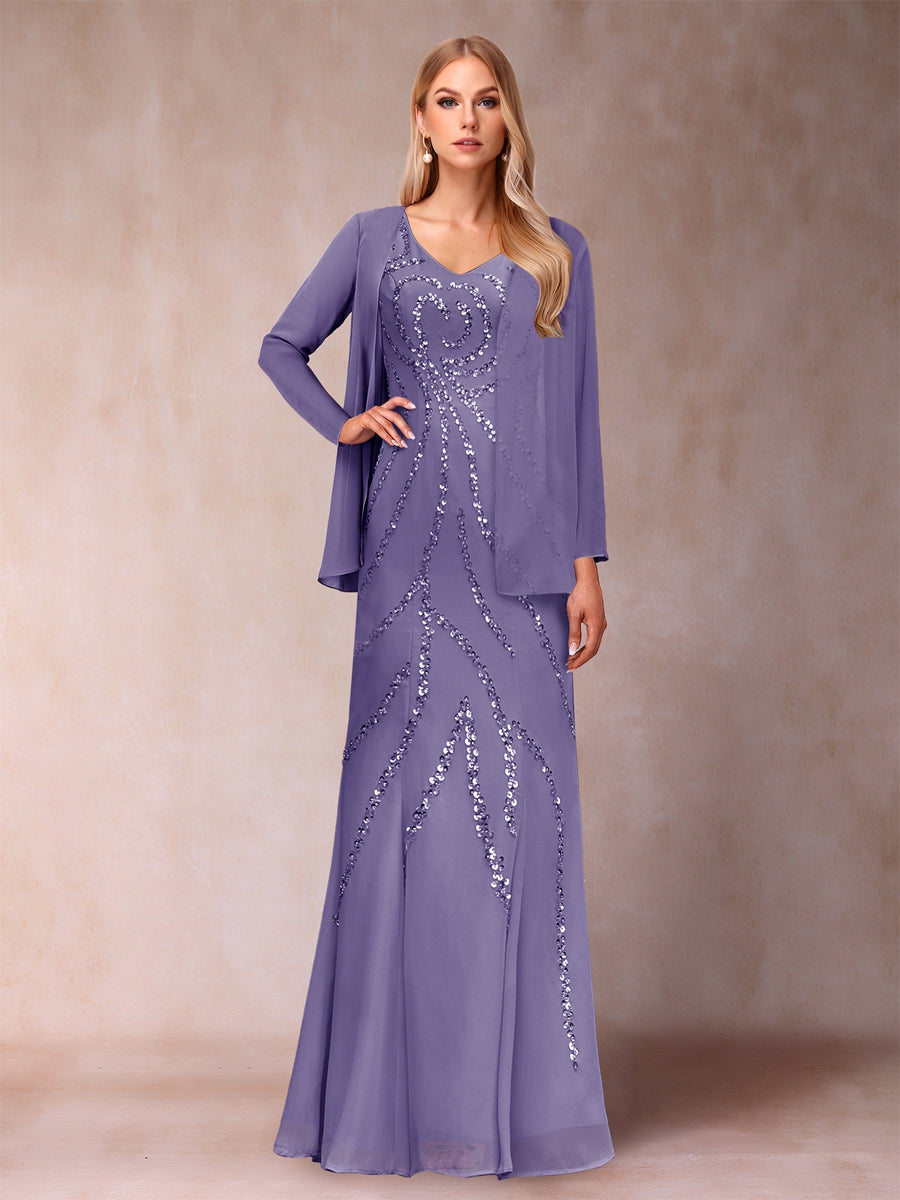 Etui-/Säulen-Kleid mit V-Ausschnitt und bodenlangem Brautmutterkleid mit Jacke und Pailletten