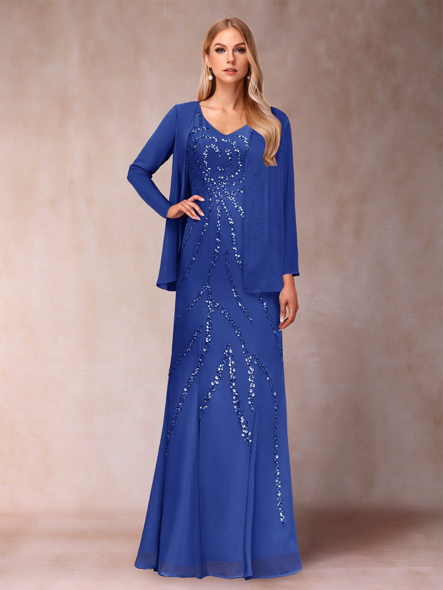 Etui-/Säulen-Kleid mit V-Ausschnitt und bodenlangem Brautmutterkleid mit Jacke und Pailletten