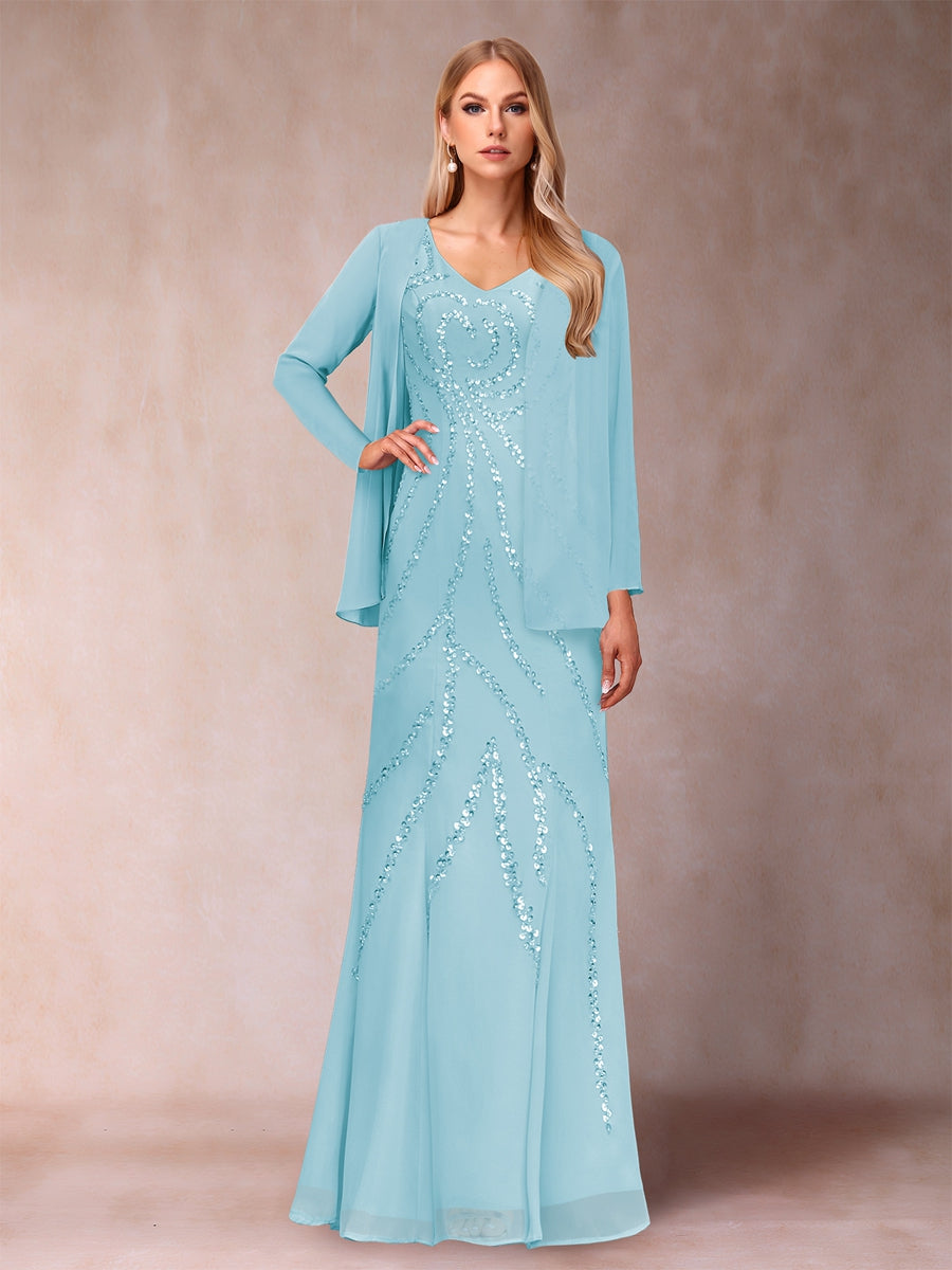 Etui-/Säulen-Kleid mit V-Ausschnitt und bodenlangem Brautmutterkleid mit Jacke und Pailletten