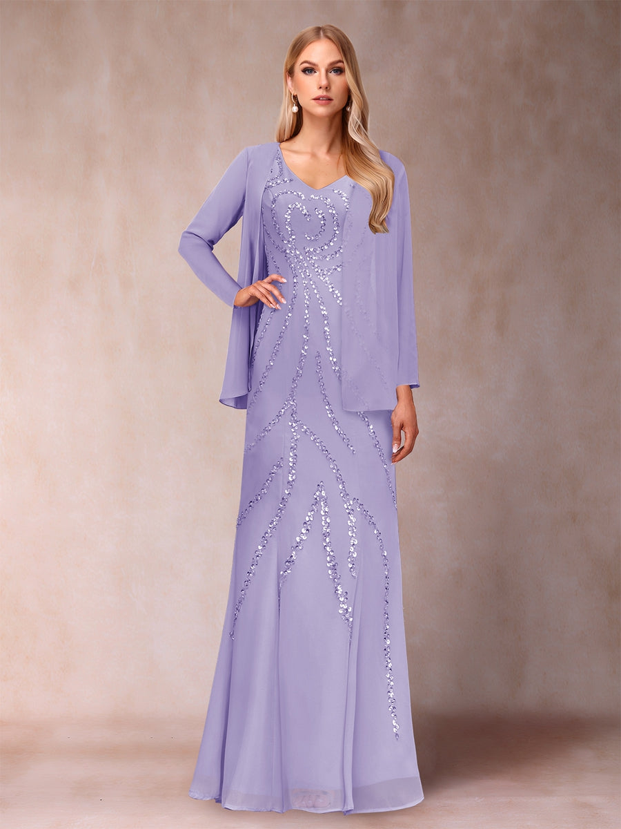 Etui-/Säulen-Kleid mit V-Ausschnitt und bodenlangem Brautmutterkleid mit Jacke und Pailletten