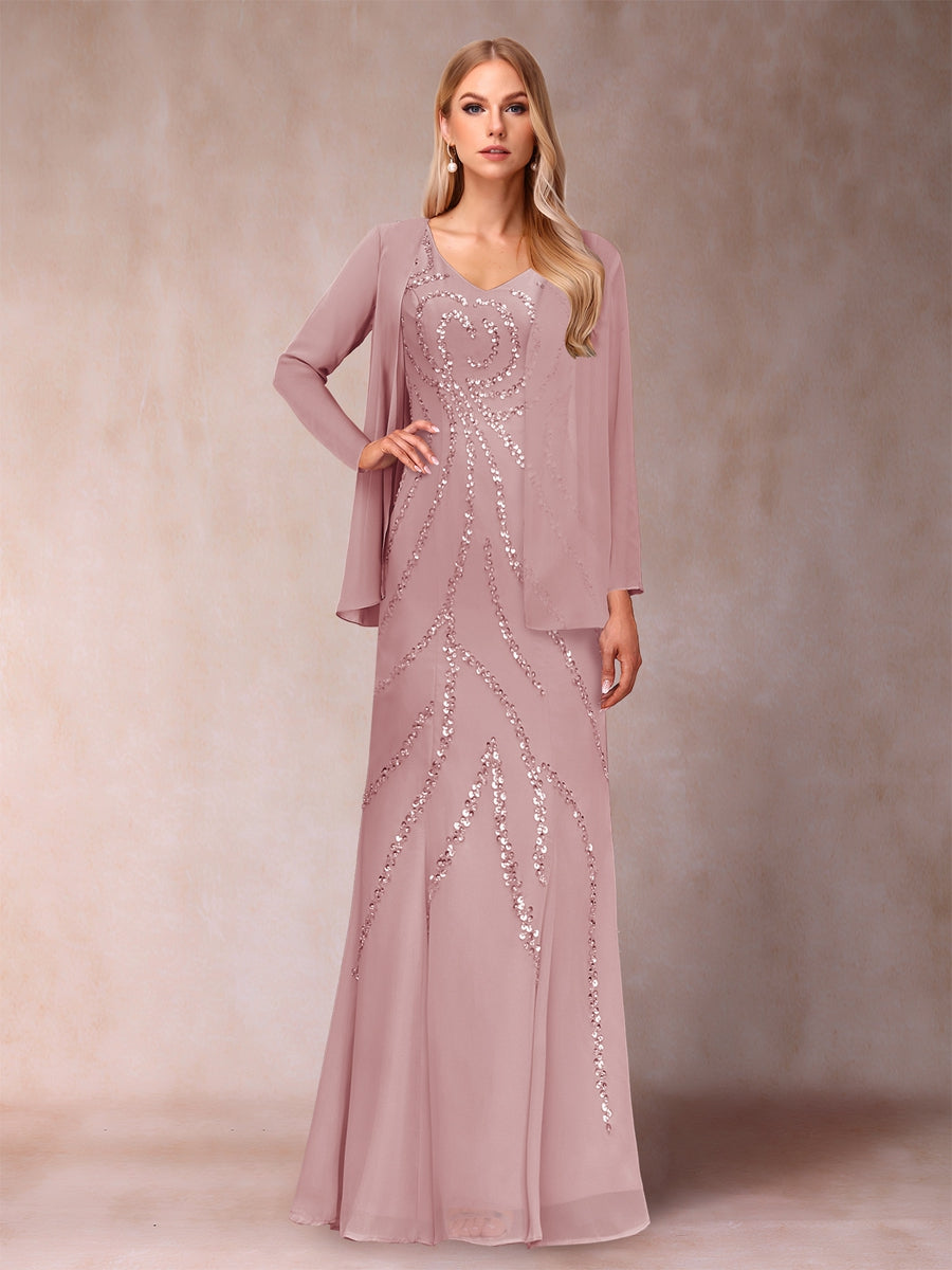 Etui-/Säulen-Kleid mit V-Ausschnitt und bodenlangem Brautmutterkleid mit Jacke und Pailletten