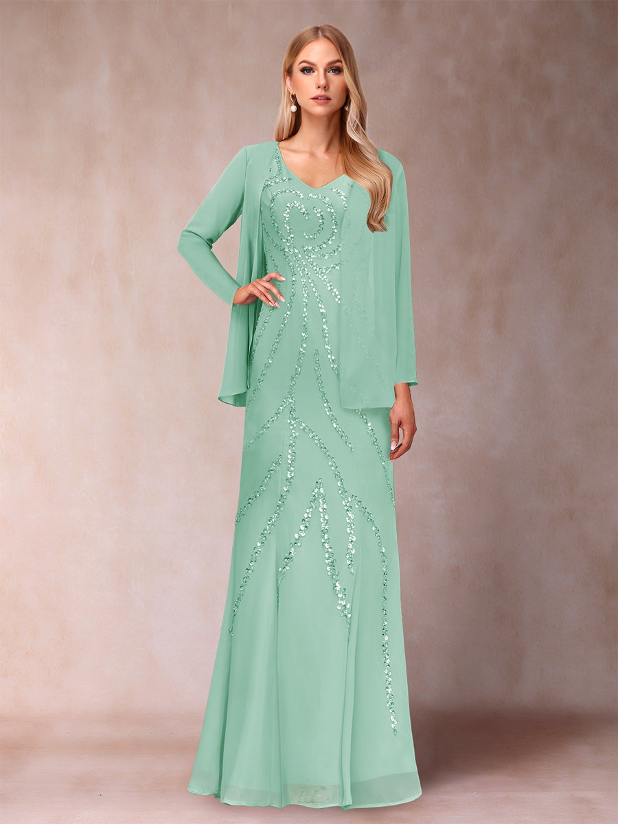 Etui-/Säulen-Kleid mit V-Ausschnitt und bodenlangem Brautmutterkleid mit Jacke und Pailletten