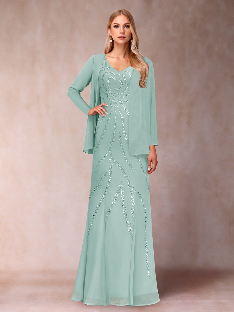 Etui-/Säulen-Kleid mit V-Ausschnitt und bodenlangem Brautmutterkleid mit Jacke und Pailletten