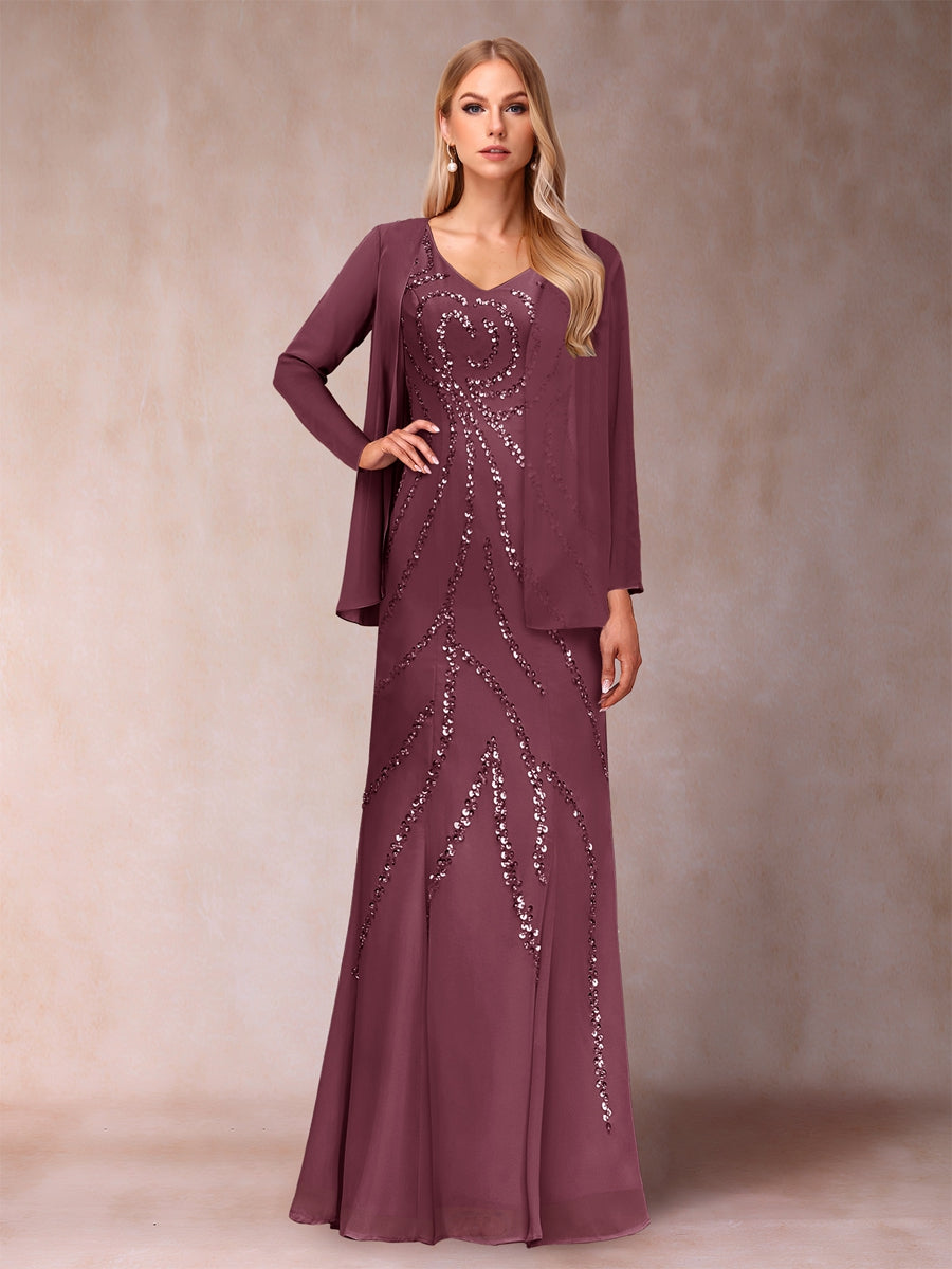 Etui-/Säulen-Kleid mit V-Ausschnitt und bodenlangem Brautmutterkleid mit Jacke und Pailletten