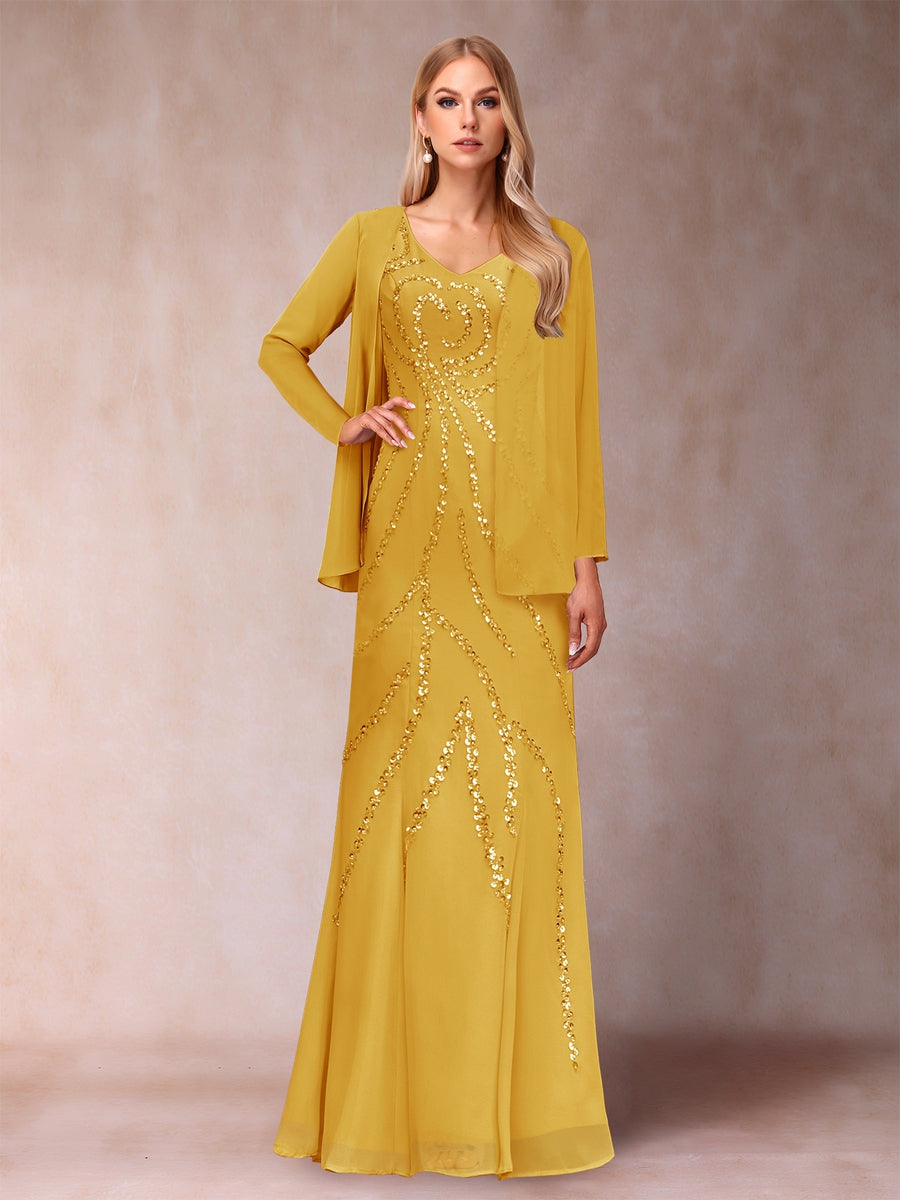 Etui-/Säulen-Kleid mit V-Ausschnitt und bodenlangem Brautmutterkleid mit Jacke und Pailletten